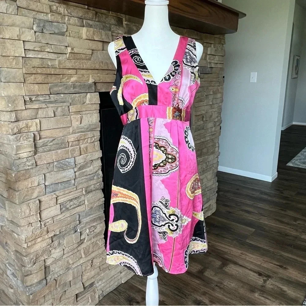 INC Pink Black Print Barbie Core Pink Sleeveless Vintage Silk Dress size 8